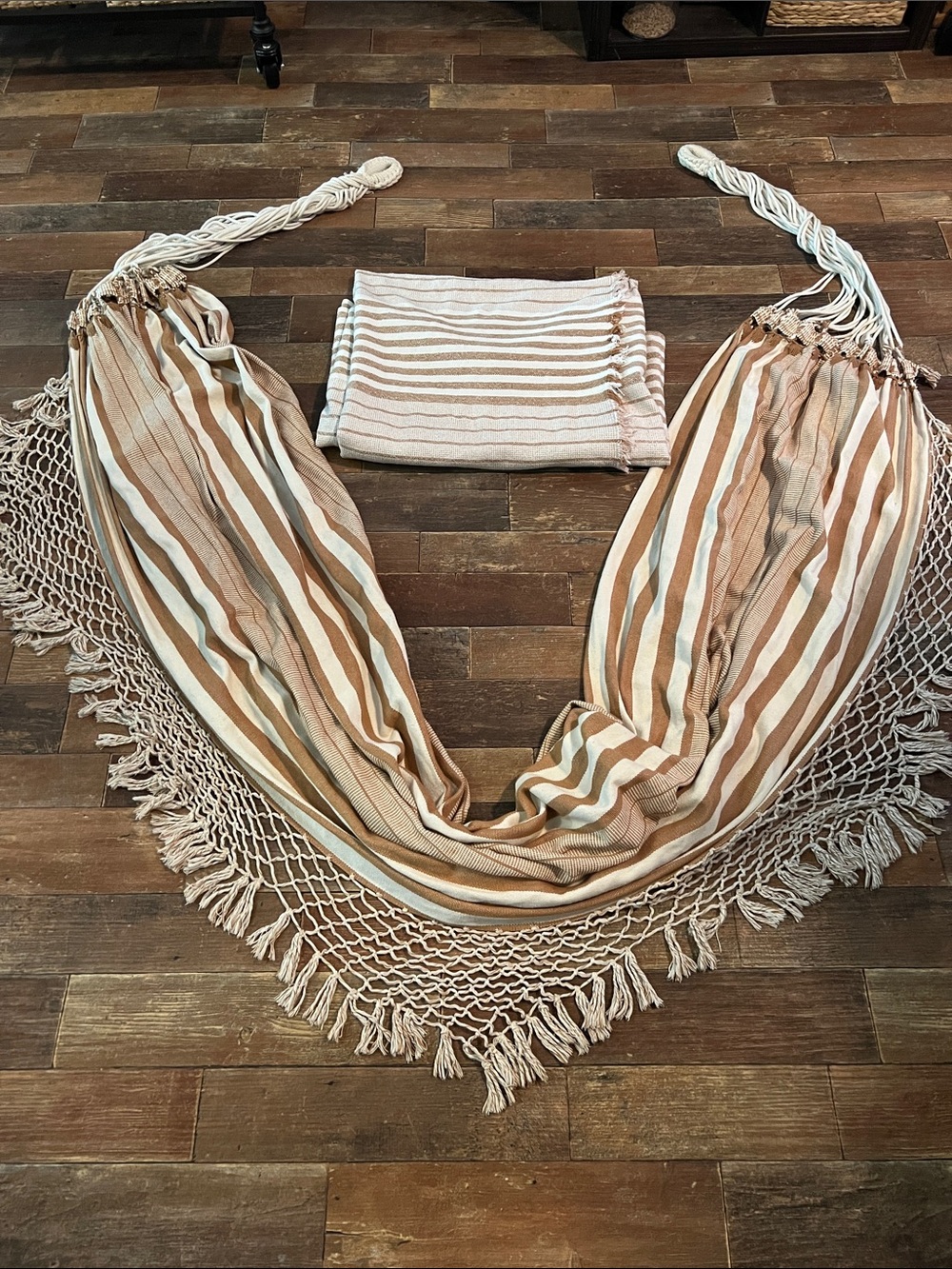 Striped handmade Beige & Cream Hammock with Fringe, also a matching blanket